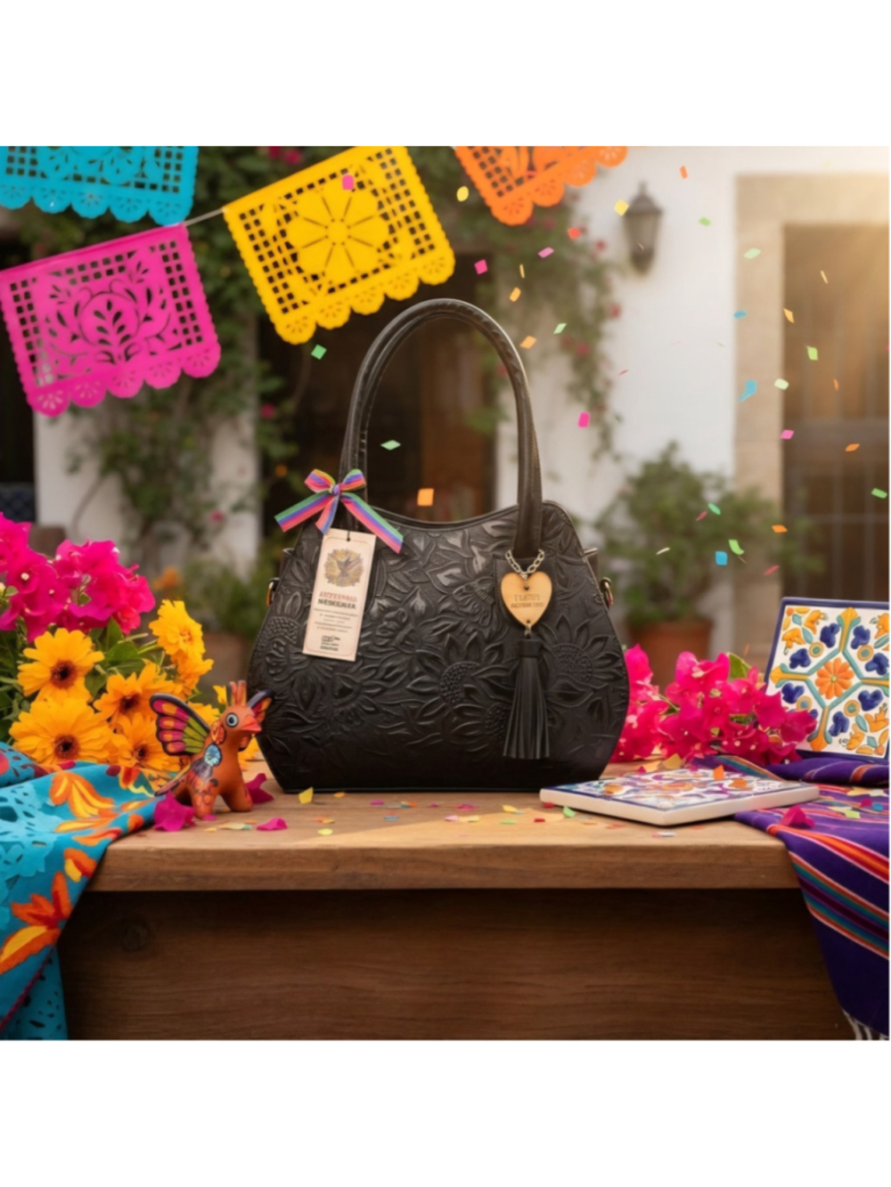 Black Embossed Tooled Artisan LEATHER Shoulder Bag Purse Bolsa Artesanal Piel